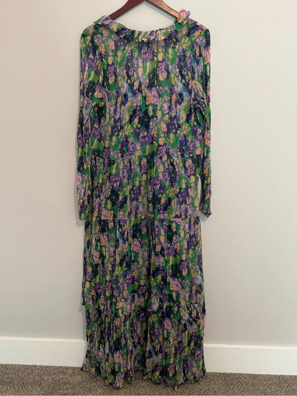 Anthropologie Marais Dress XL Chiffon Purple Green Boho Ruffle Maxi Balloon - Picture 12 of 12